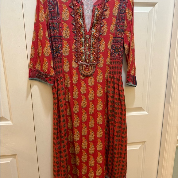 Soft Surroundings Red and Gold Long Sleeve Dress PXS Thanksgiving perfect. - Picture 6 of 15